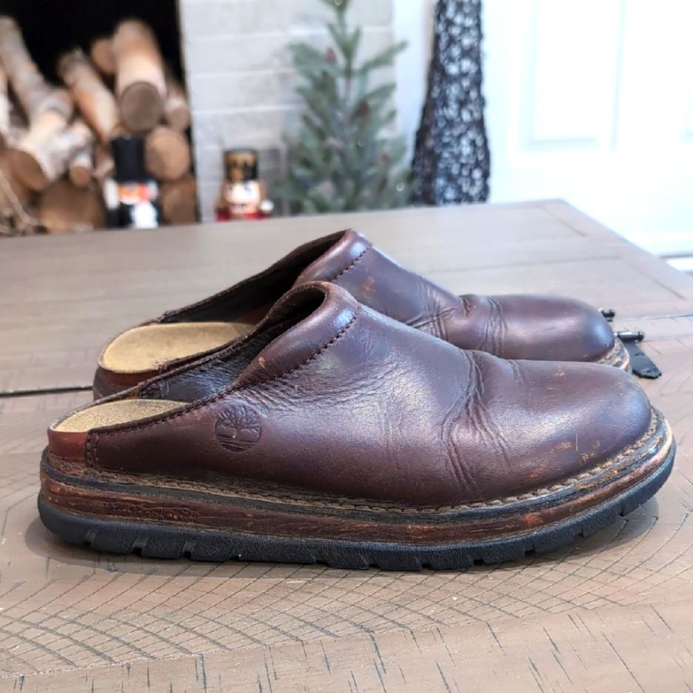 Timberland Brown Leather Slip-On Mules Sz 9